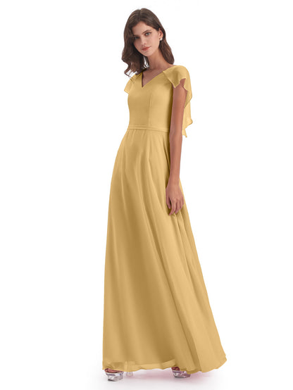 Paityn Sheath V-neck Ruffles Chiffon Long Bridesmaid Dresses