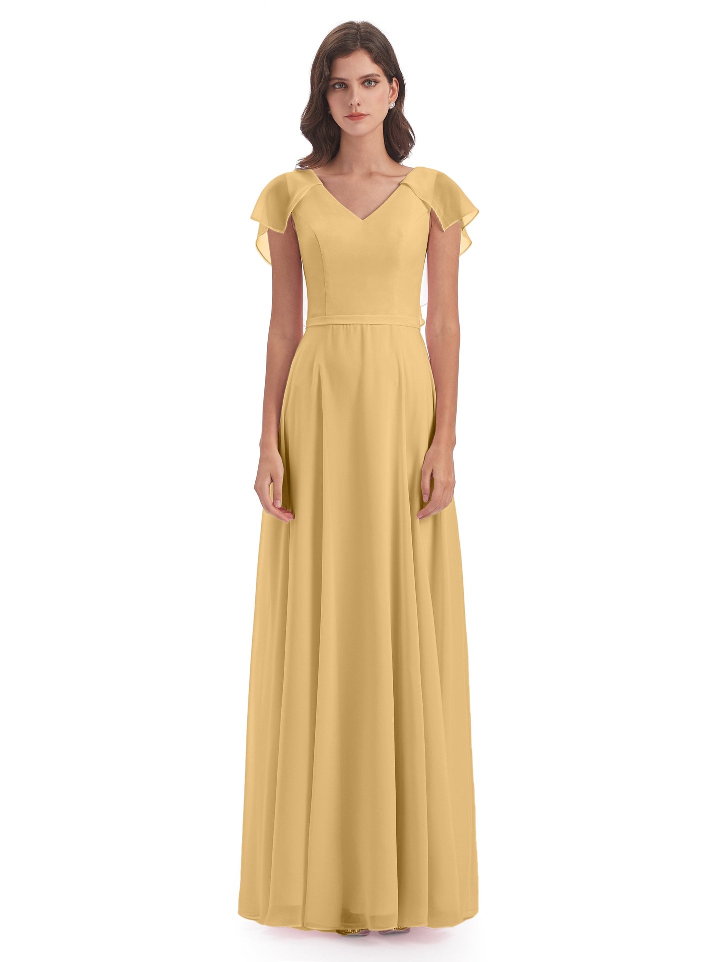 Paityn Sheath V-neck Ruffles Chiffon Long Bridesmaid Dresses