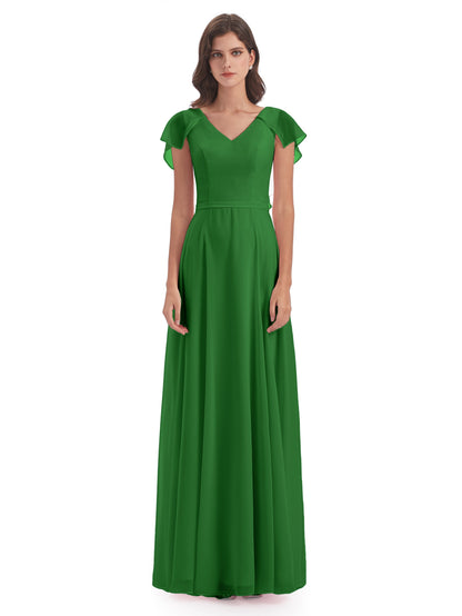 Paityn Sheath V-neck Ruffles Chiffon Long Bridesmaid Dresses