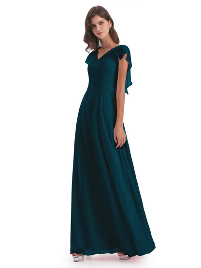 Paityn Sheath V-neck Ruffles Chiffon Long Bridesmaid Dresses