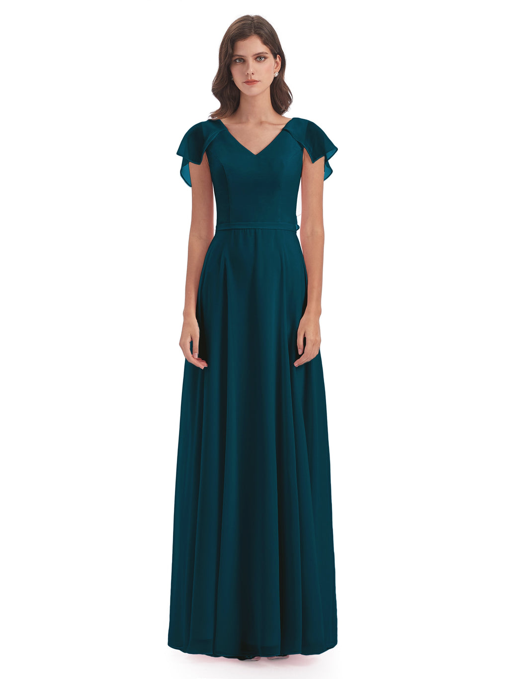 Paityn Sheath V-neck Ruffles Chiffon Long Bridesmaid Dresses