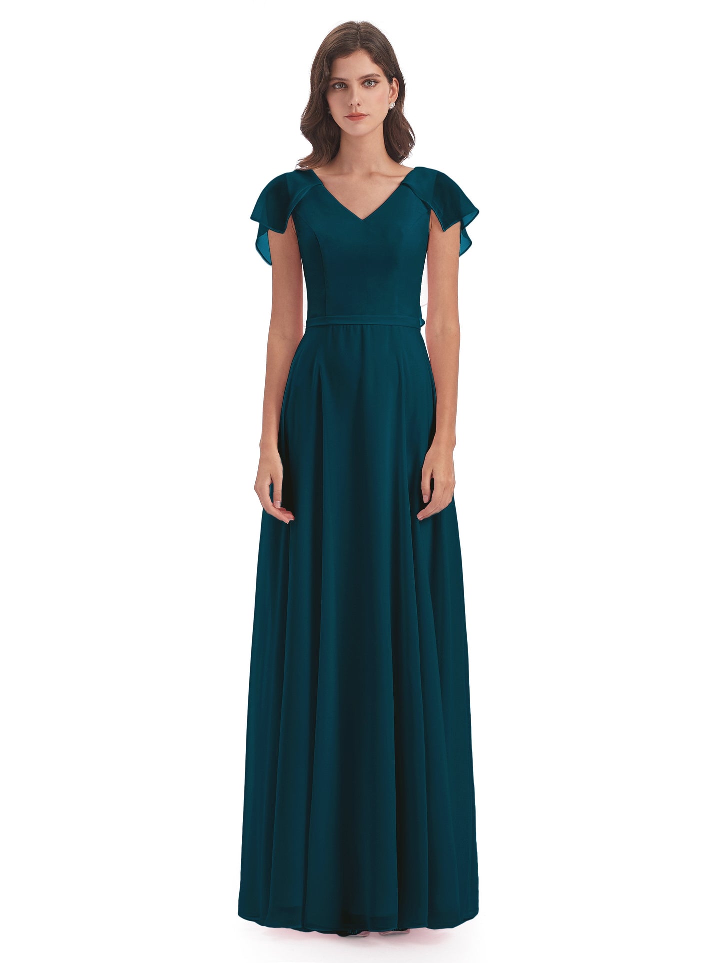 Paityn Sheath V-neck Ruffles Chiffon Long Bridesmaid Dresses