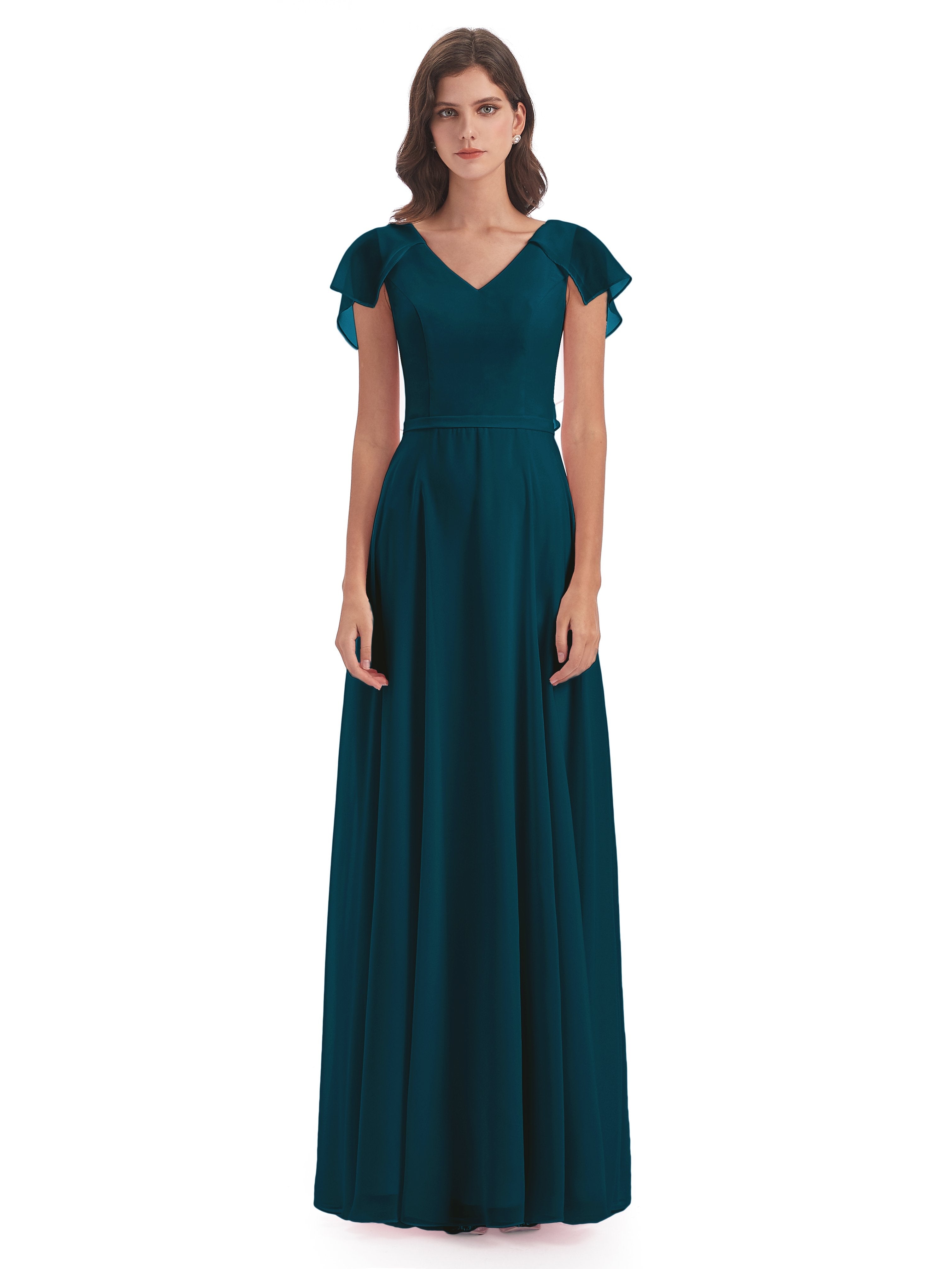 Paityn Sheath V-neck Ruffles Chiffon Long Bridesmaid Dresses