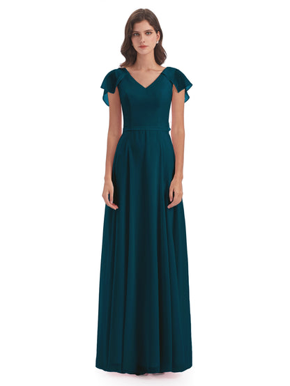 Paityn Sheath V-neck Ruffles Chiffon Long Bridesmaid Dresses