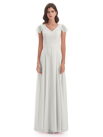 Paityn Sheath V-neck Ruffles Chiffon Long Bridesmaid Dresses
