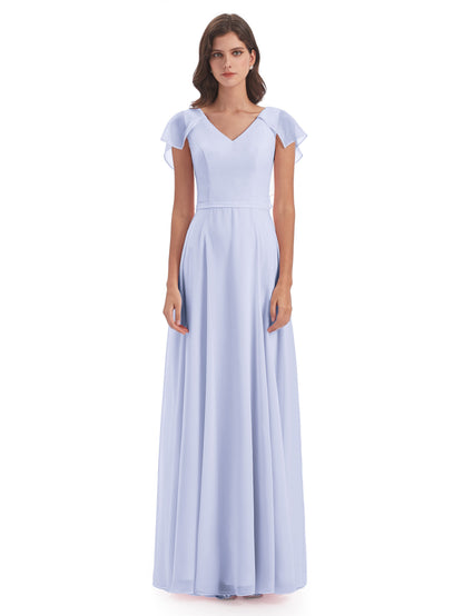 Paityn Sheath V-neck Ruffles Chiffon Long Bridesmaid Dresses