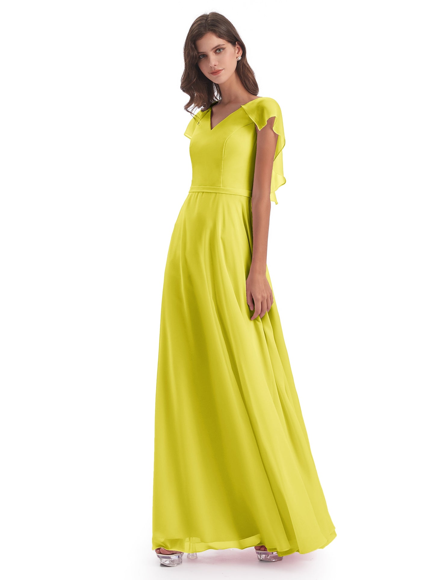 Paityn Sheath V-neck Ruffles Chiffon Long Bridesmaid Dresses