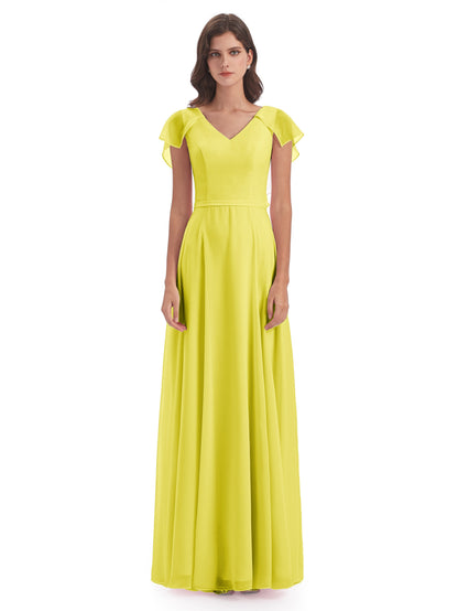 Paityn Sheath V-neck Ruffles Chiffon Long Bridesmaid Dresses
