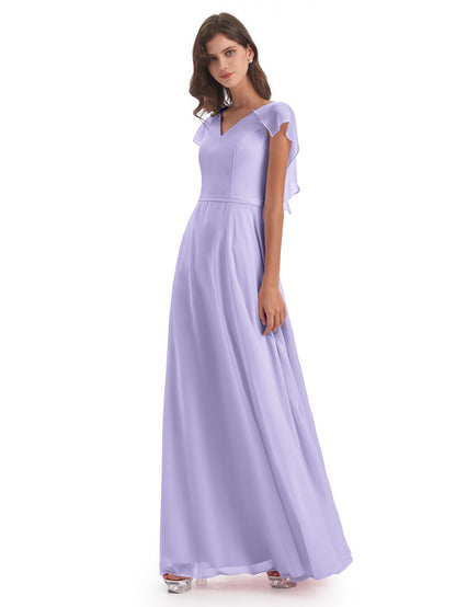 Paityn Sheath V-neck Ruffles Chiffon Long Bridesmaid Dresses