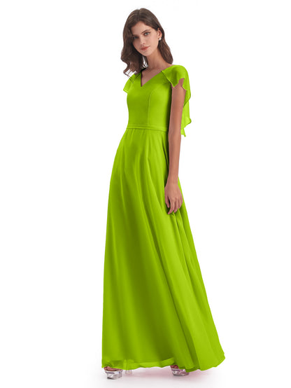 Paityn Sheath V-neck Ruffles Chiffon Long Bridesmaid Dresses
