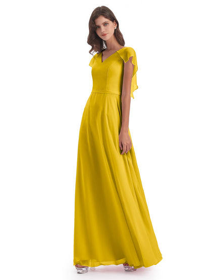 Paityn Sheath V-neck Ruffles Chiffon Long Bridesmaid Dresses