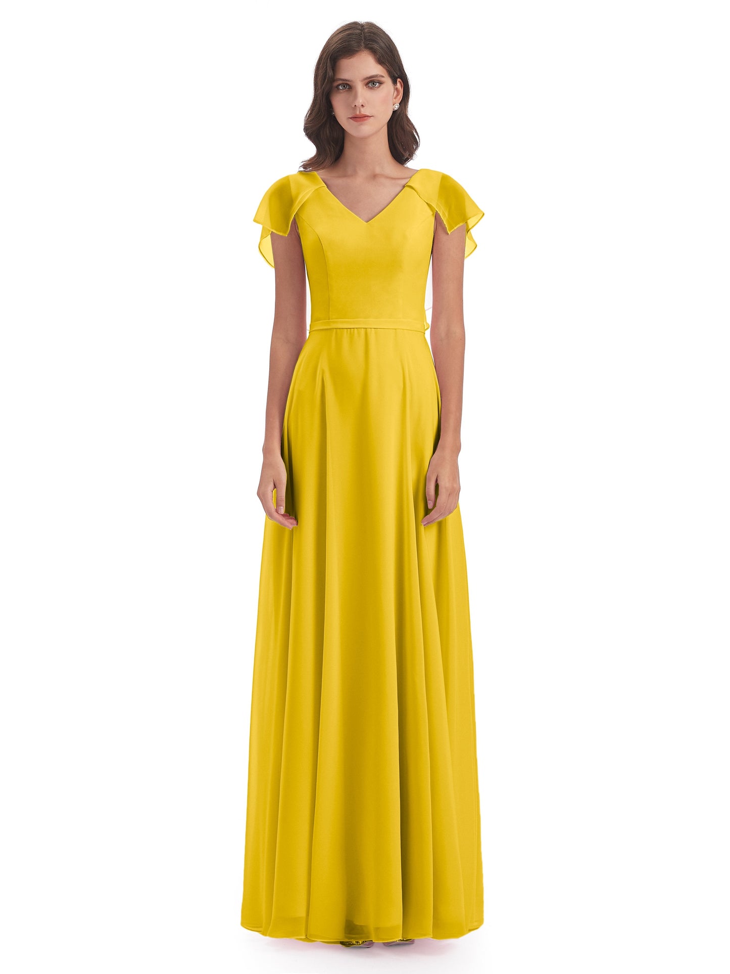 Paityn Sheath V-neck Ruffles Chiffon Long Bridesmaid Dresses