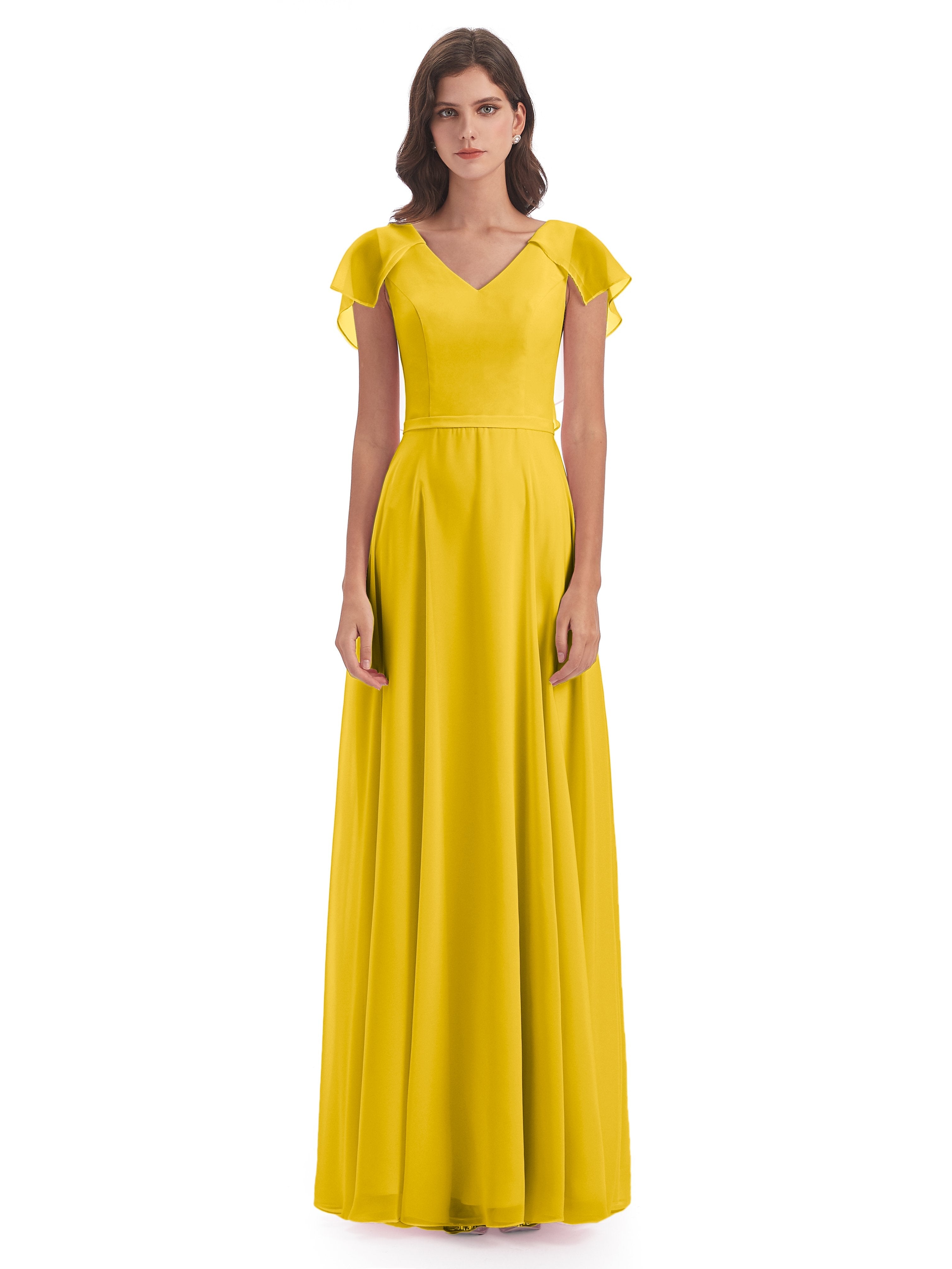 Paityn Sheath V-neck Ruffles Chiffon Long Bridesmaid Dresses