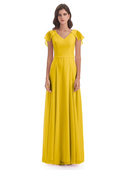 Paityn Sheath V-neck Ruffles Chiffon Long Bridesmaid Dresses