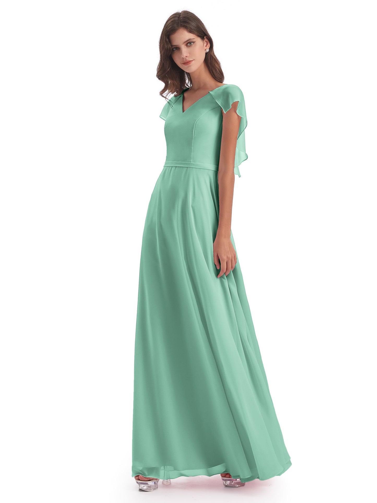Paityn Sheath V-neck Ruffles Chiffon Long Bridesmaid Dresses