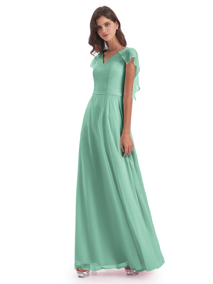 Paityn Sheath V-neck Ruffles Chiffon Long Bridesmaid Dresses