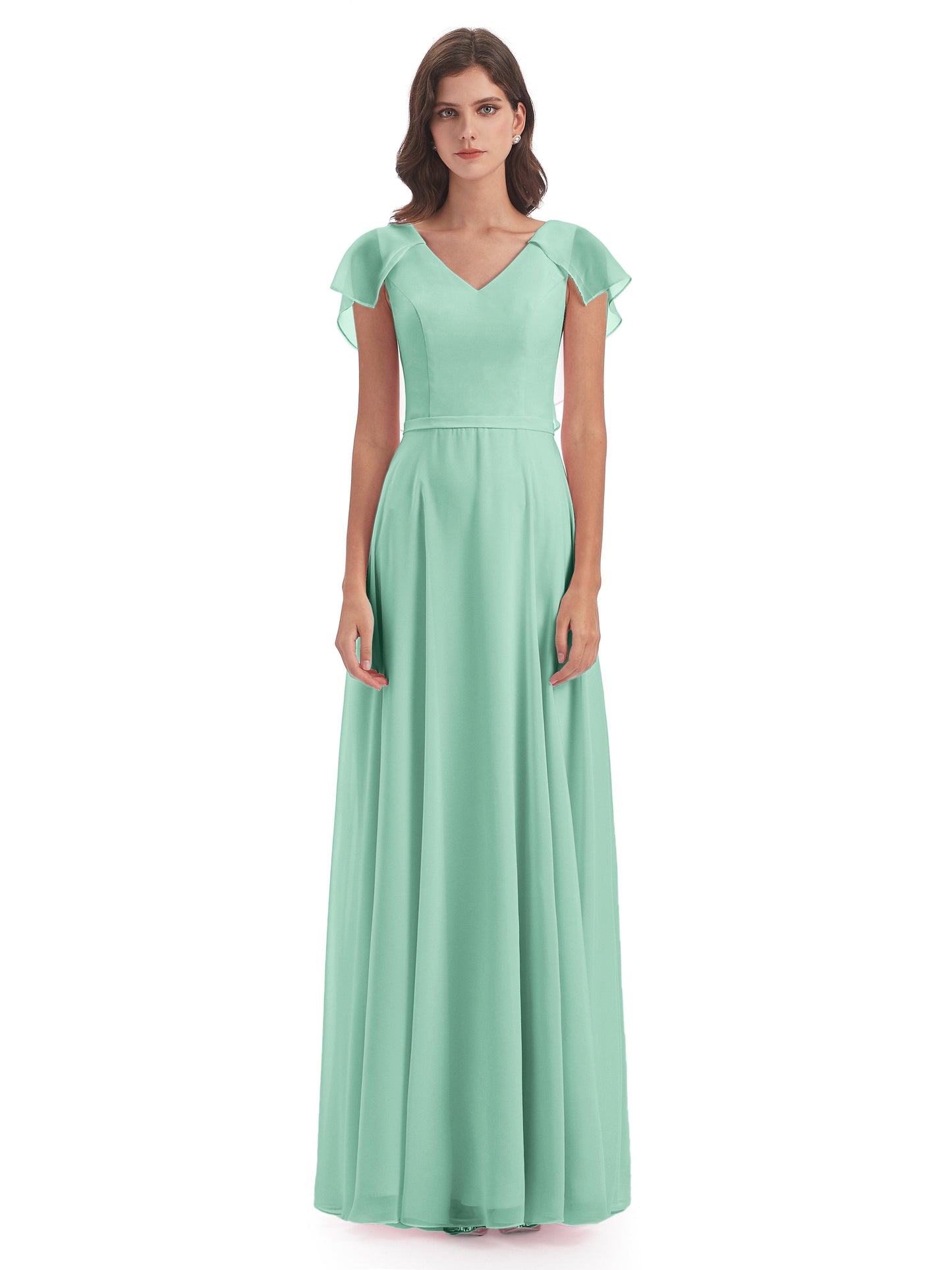 Paityn Sheath V-neck Ruffles Chiffon Long Bridesmaid Dresses