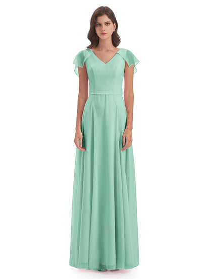 Paityn Sheath V-neck Ruffles Chiffon Long Bridesmaid Dresses