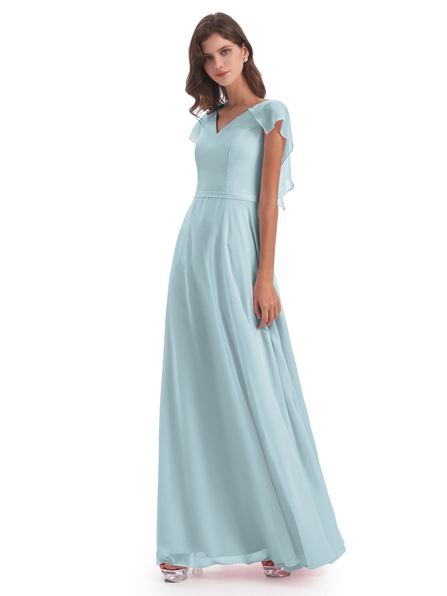 Paityn Sheath V-neck Ruffles Chiffon Long Bridesmaid Dresses