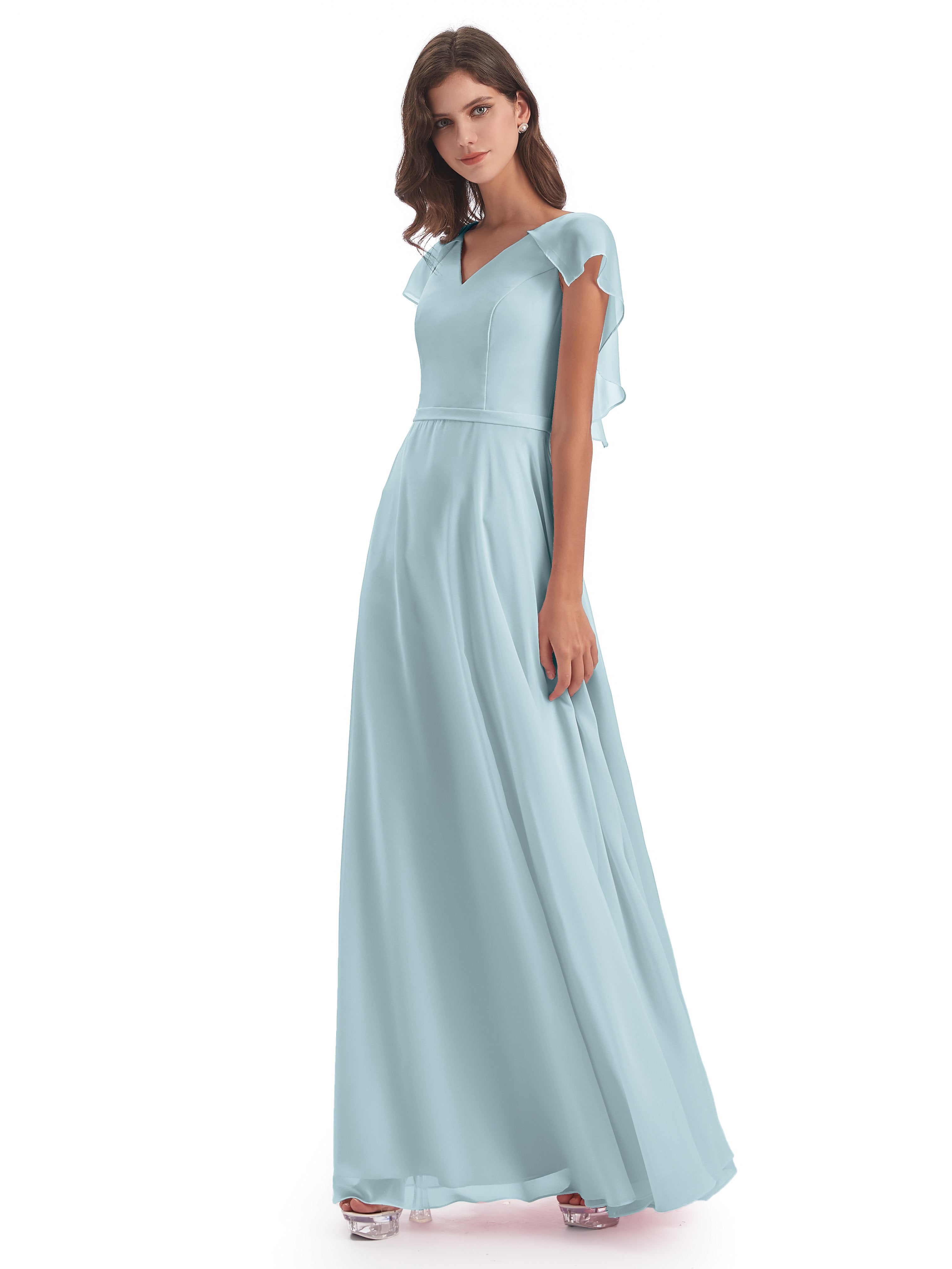 Paityn Sheath V-neck Ruffles Chiffon Long Bridesmaid Dresses