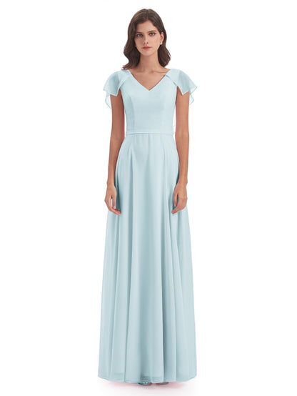 Paityn Sheath V-neck Ruffles Chiffon Long Bridesmaid Dresses