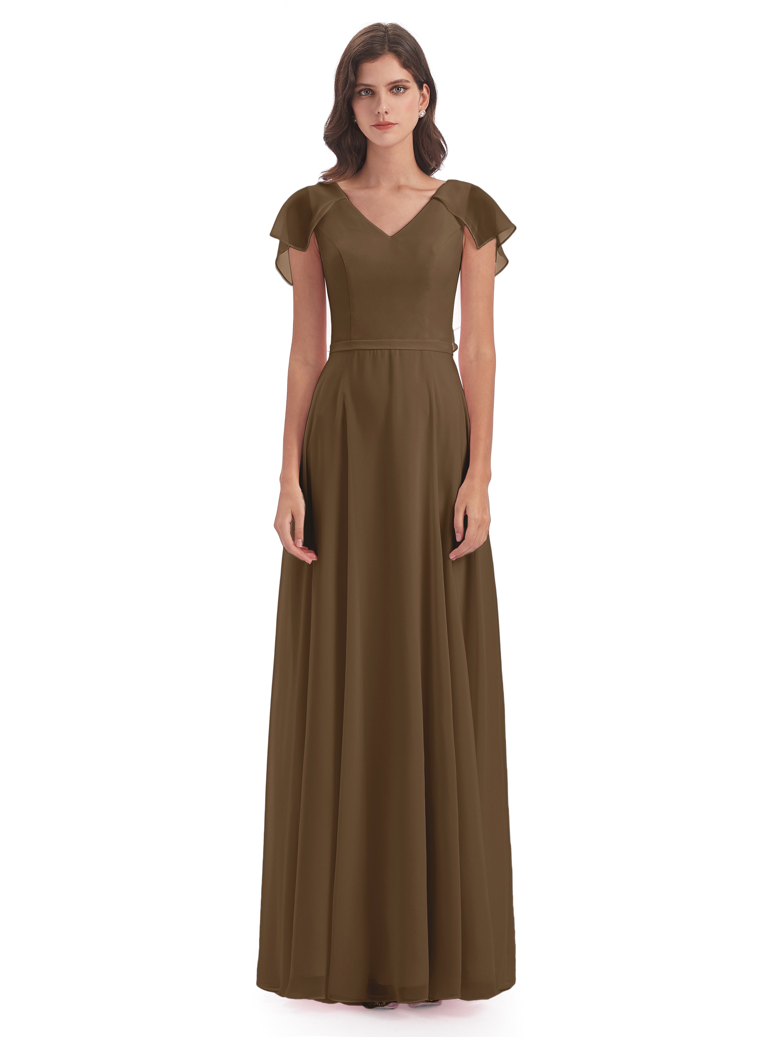 Paityn Sheath V-neck Ruffles Chiffon Long Bridesmaid Dresses