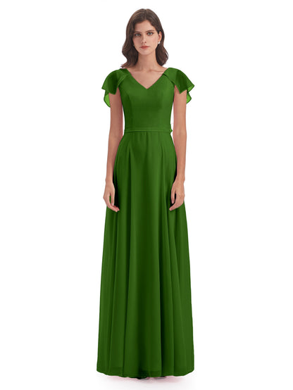 Paityn Sheath V-neck Ruffles Chiffon Long Bridesmaid Dresses