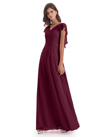 Paityn Sheath V-neck Ruffles Chiffon Long Bridesmaid Dresses