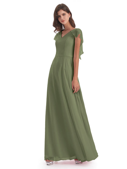 Paityn Sheath V-neck Ruffles Chiffon Long Bridesmaid Dresses