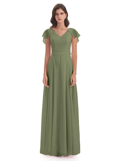 Paityn Sheath V-neck Ruffles Chiffon Long Bridesmaid Dresses