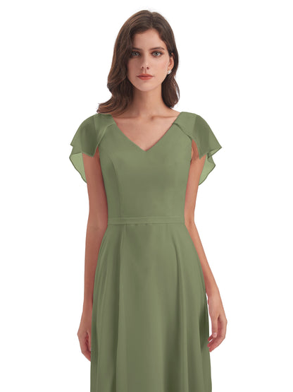 Paityn Sheath V-neck Ruffles Chiffon Long Bridesmaid Dresses