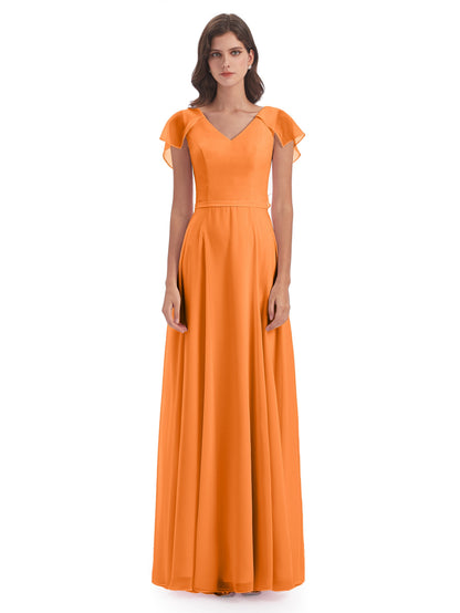 Paityn Sheath V-neck Ruffles Chiffon Long Bridesmaid Dresses