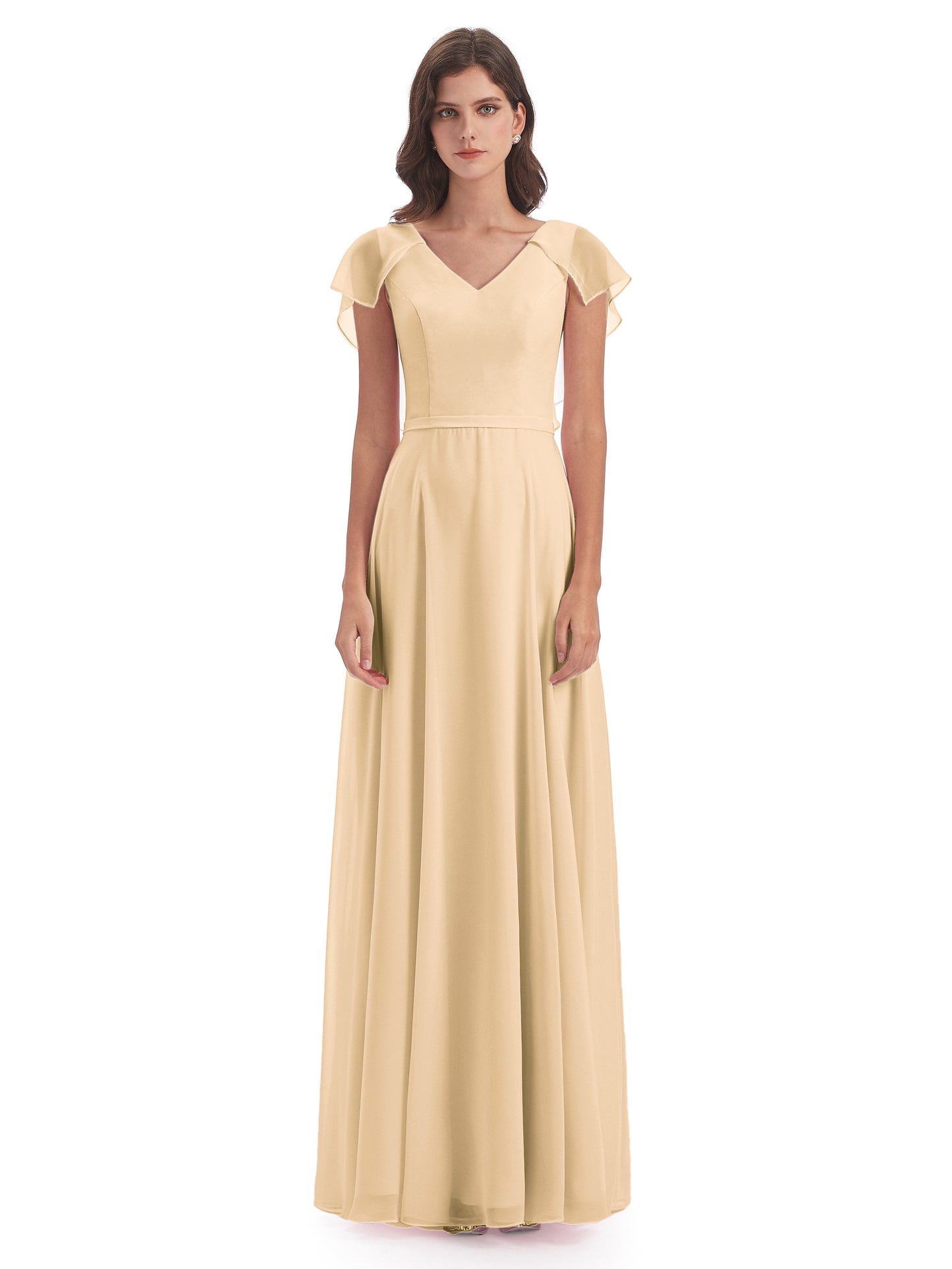 Paityn Sheath V-neck Ruffles Chiffon Long Bridesmaid Dresses