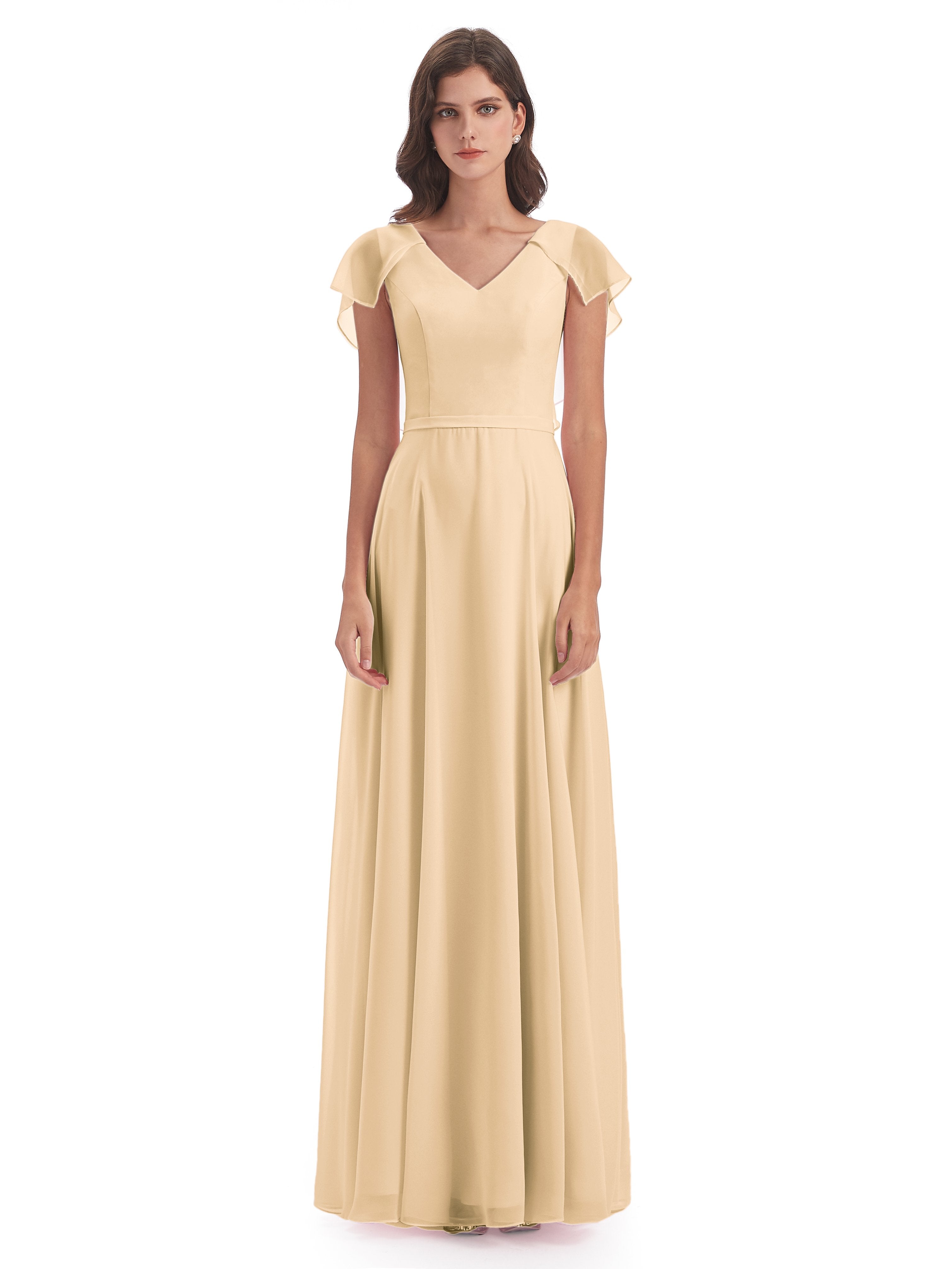 Paityn Sheath V-neck Ruffles Chiffon Long Bridesmaid Dresses