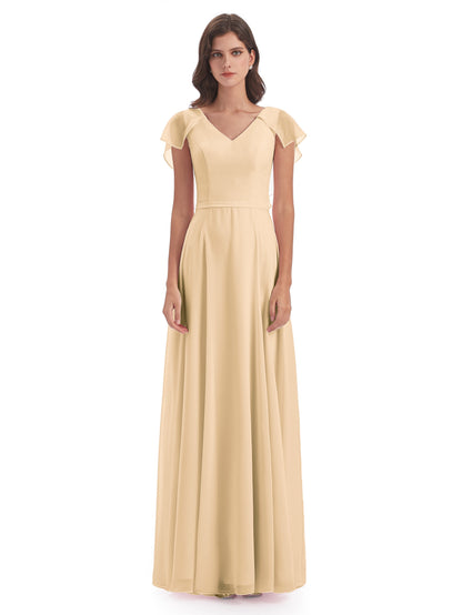 Paityn Sheath V-neck Ruffles Chiffon Long Bridesmaid Dresses