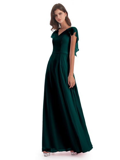 Paityn Sheath V-neck Ruffles Chiffon Long Bridesmaid Dresses