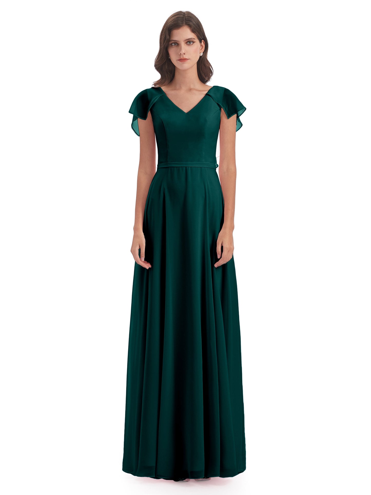 Paityn Sheath V-neck Ruffles Chiffon Long Bridesmaid Dresses