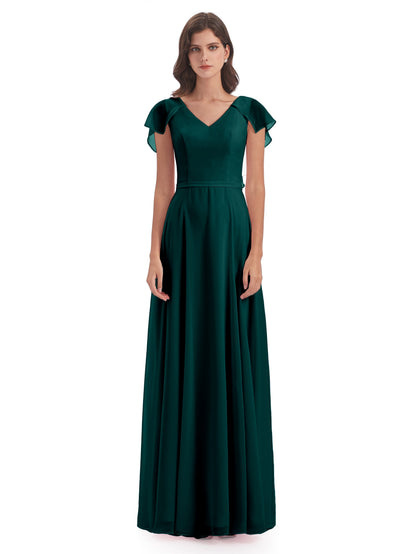 Paityn Sheath V-neck Ruffles Chiffon Long Bridesmaid Dresses