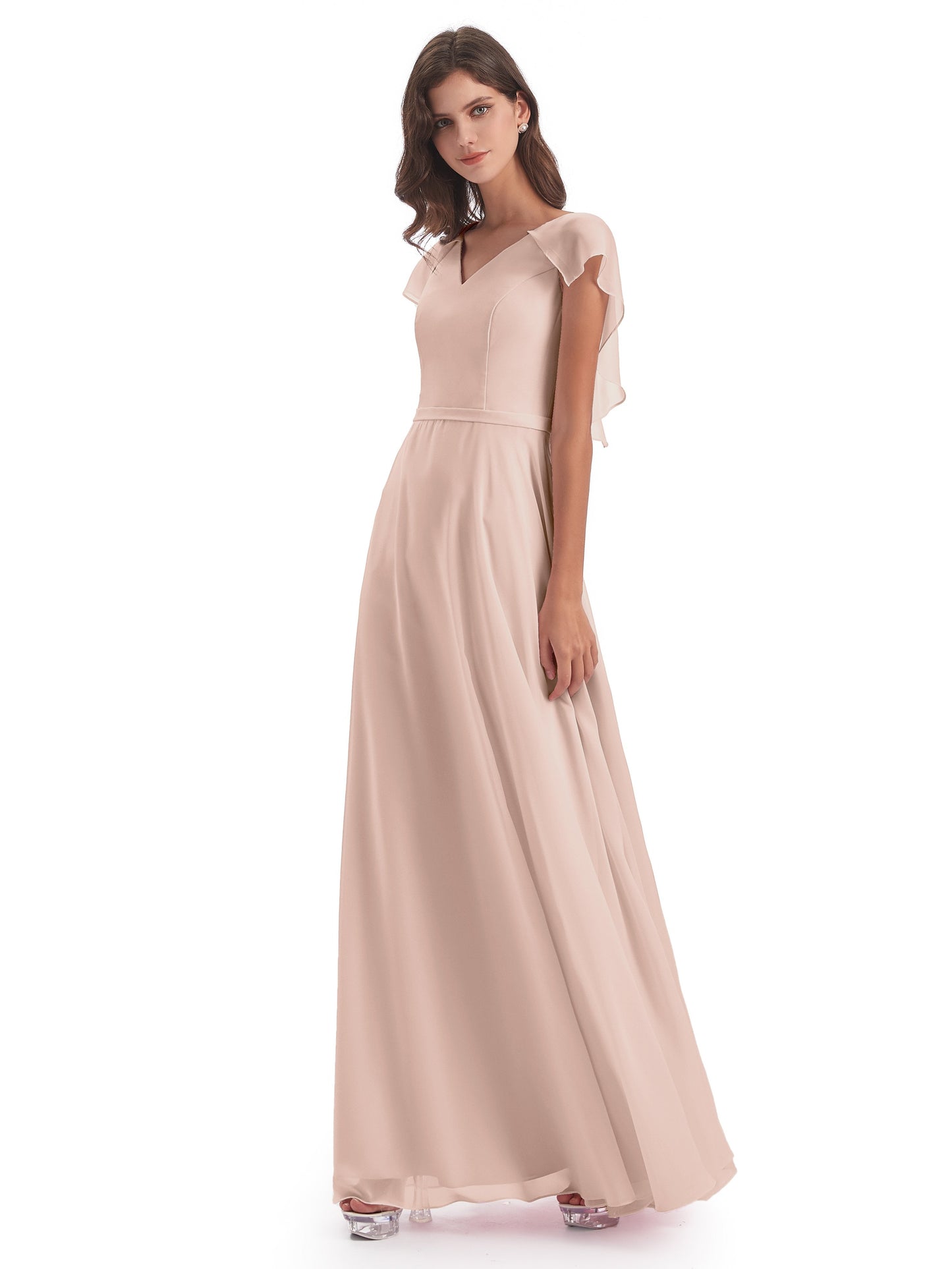 Paityn Sheath V-neck Ruffles Chiffon Long Bridesmaid Dresses