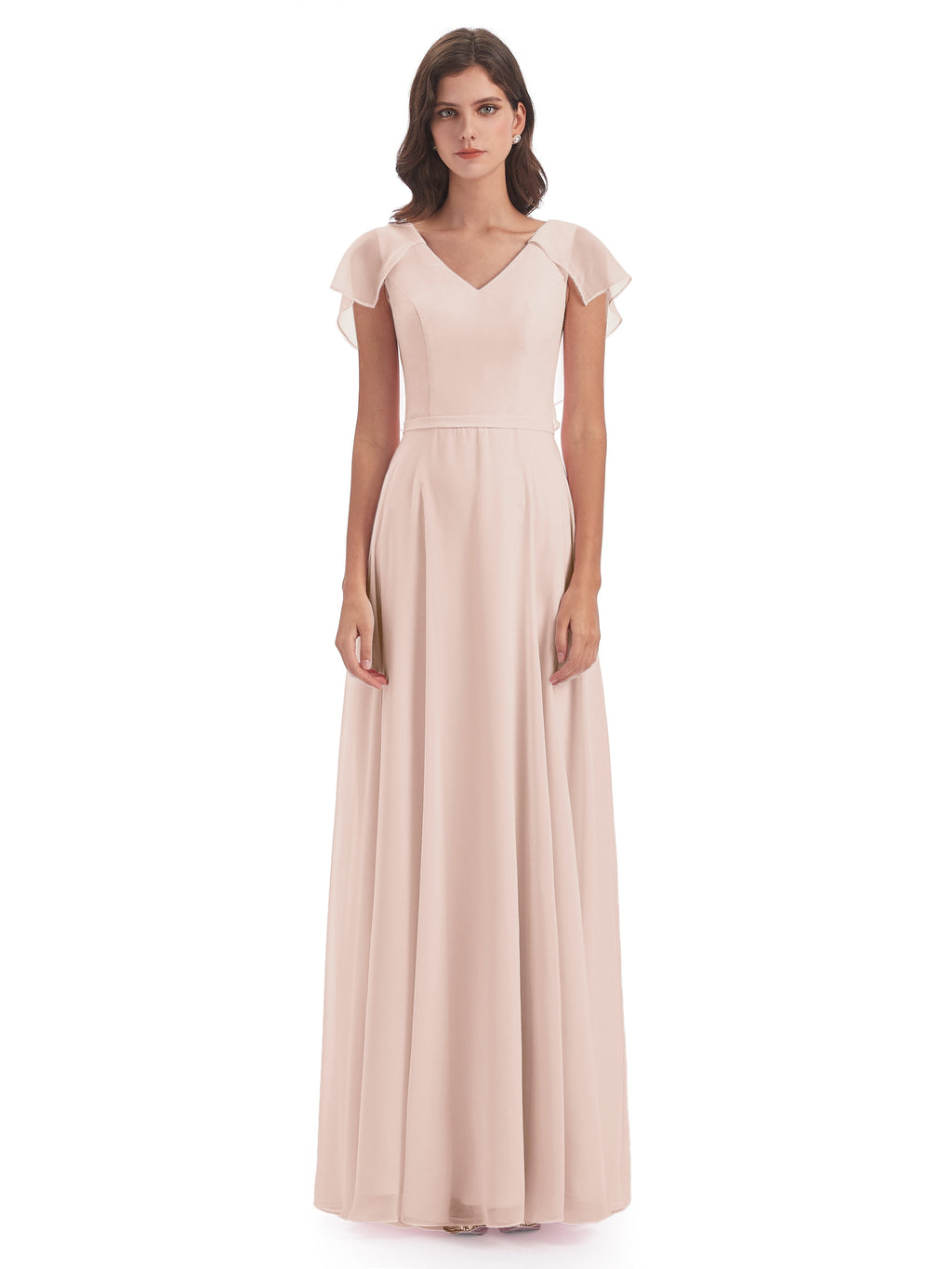 Paityn Sheath V-neck Ruffles Chiffon Long Bridesmaid Dresses
