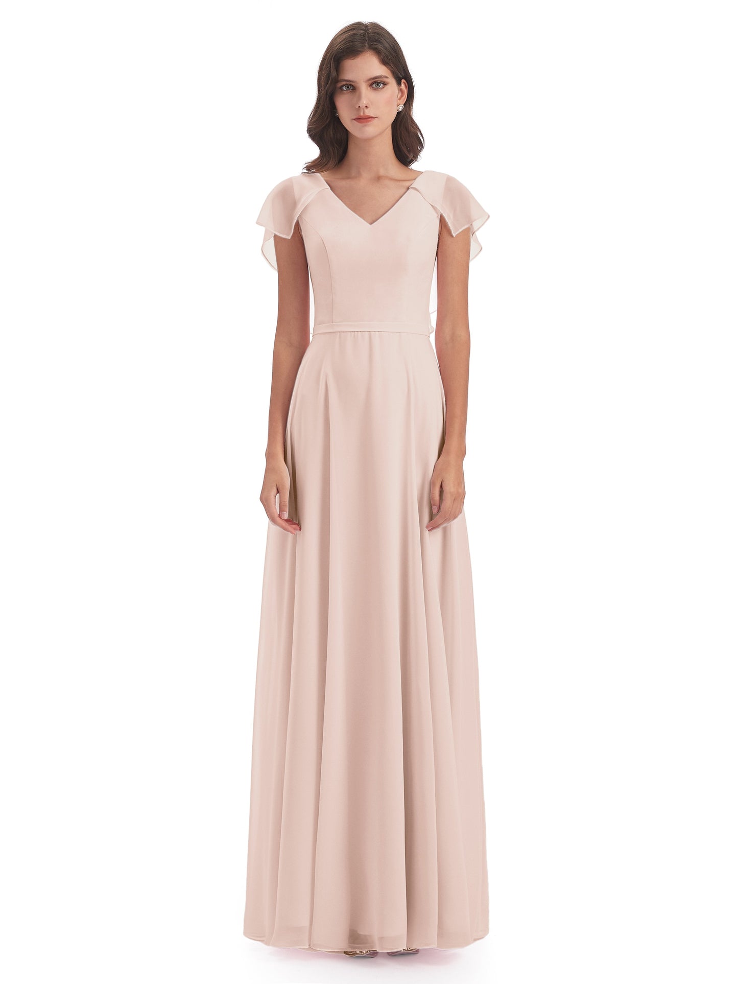 Paityn Sheath V-neck Ruffles Chiffon Long Bridesmaid Dresses