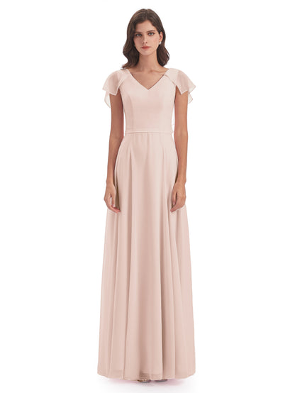 Paityn Sheath V-neck Ruffles Chiffon Long Bridesmaid Dresses