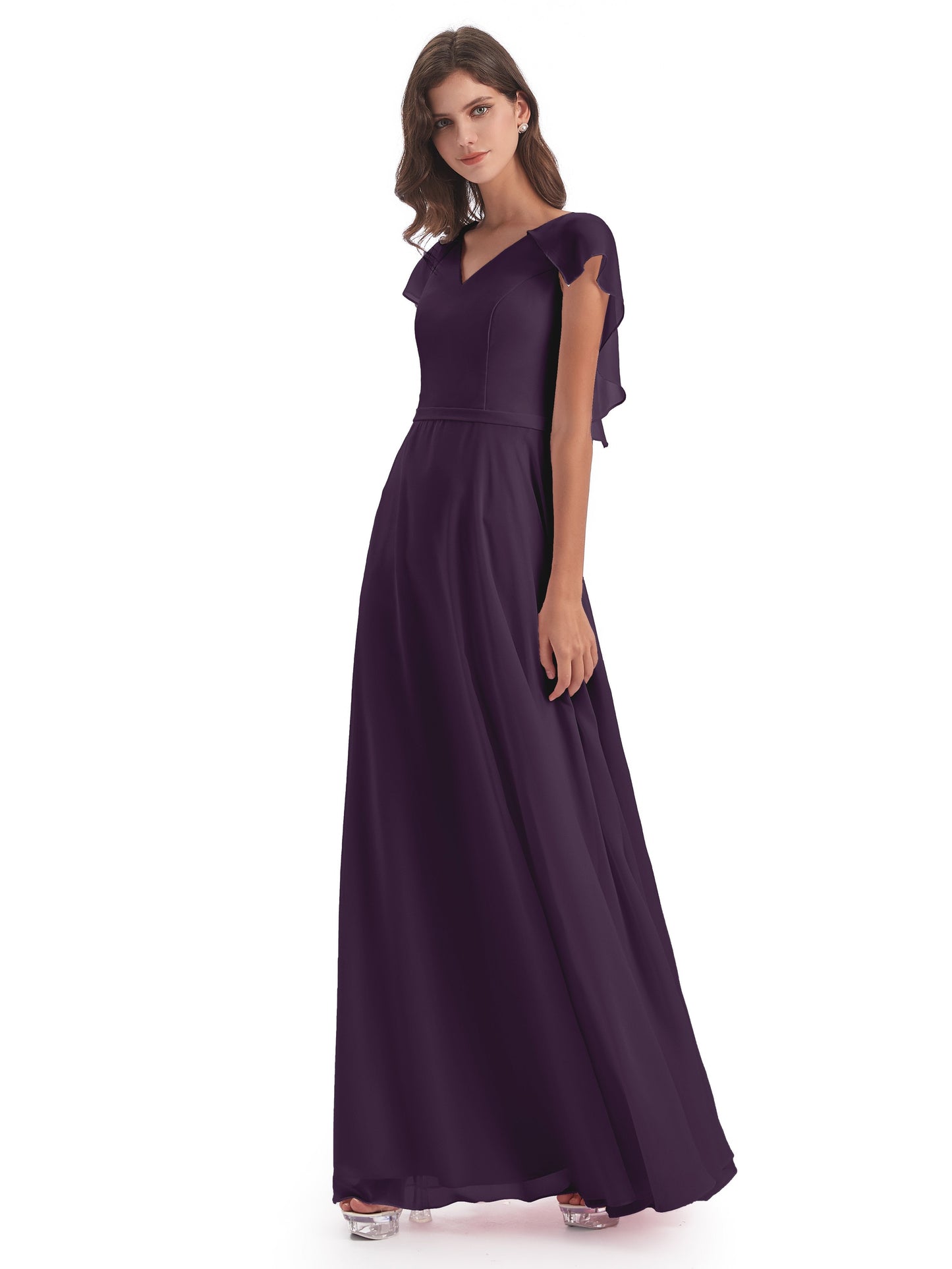 Paityn Sheath V-neck Ruffles Chiffon Long Bridesmaid Dresses