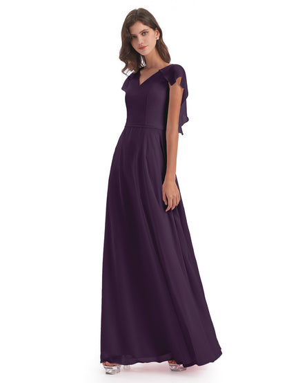 Paityn Sheath V-neck Ruffles Chiffon Long Bridesmaid Dresses