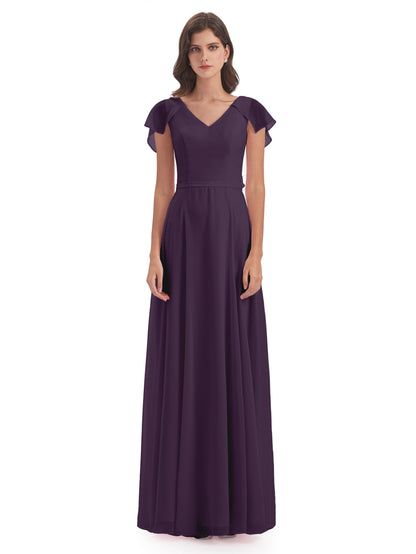 Paityn Sheath V-neck Ruffles Chiffon Long Bridesmaid Dresses