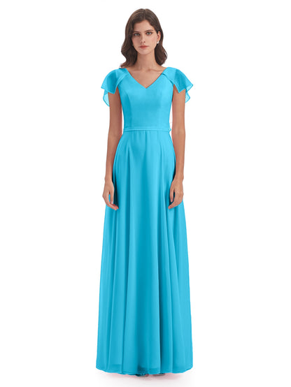 Paityn Sheath V-neck Ruffles Chiffon Long Bridesmaid Dresses