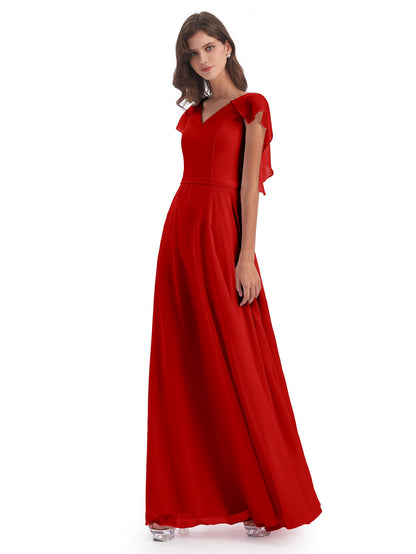Paityn Sheath V-neck Ruffles Chiffon Long Bridesmaid Dresses