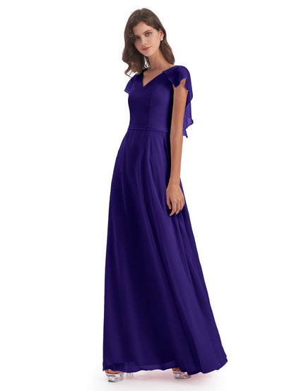 Paityn Sheath V-neck Ruffles Chiffon Long Bridesmaid Dresses