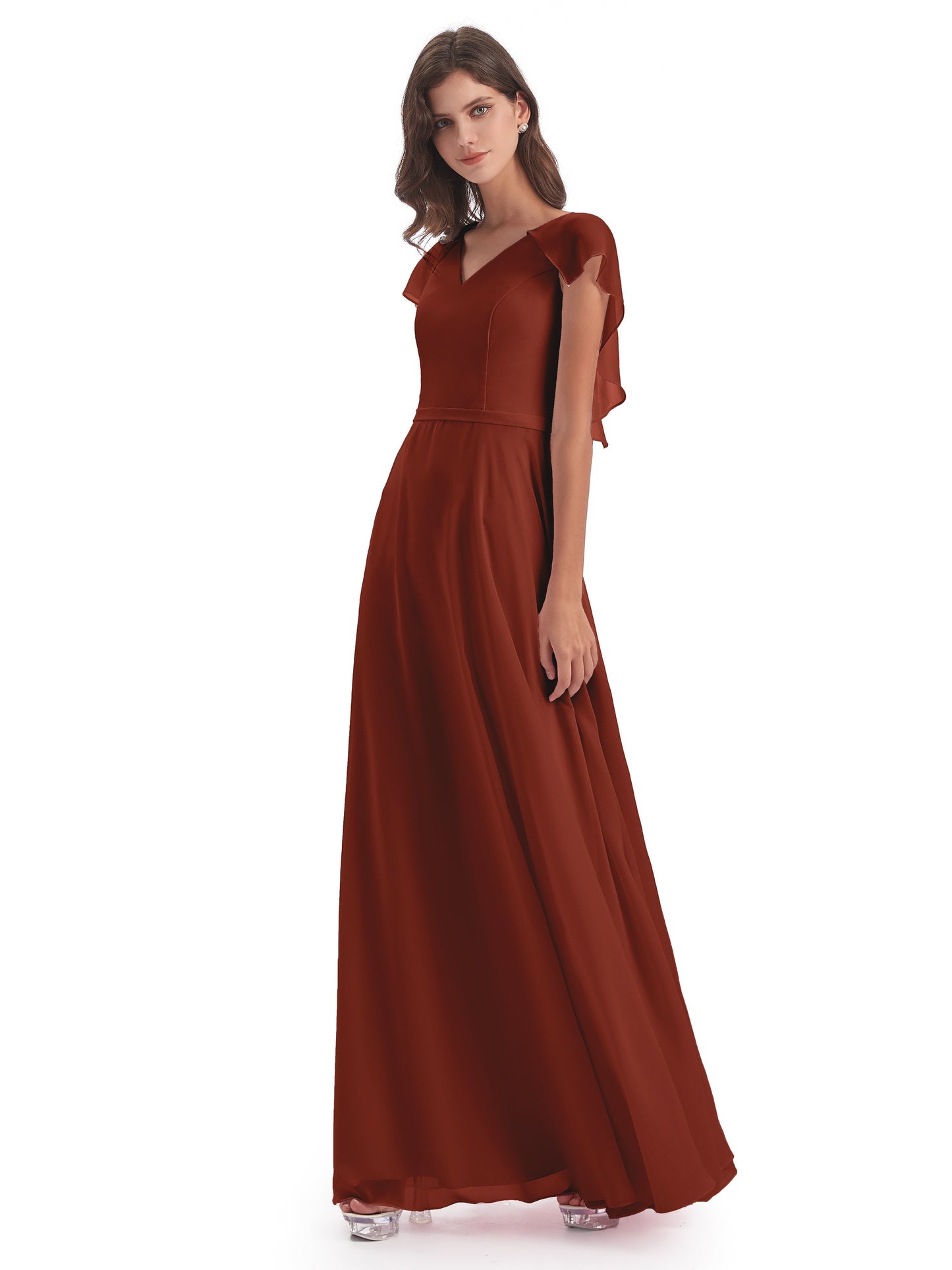 Paityn Sheath V-neck Ruffles Chiffon Long Bridesmaid Dresses