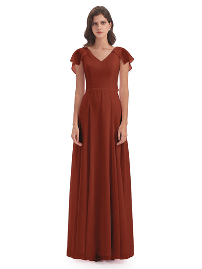 Paityn Sheath V-neck Ruffles Chiffon Long Bridesmaid Dresses